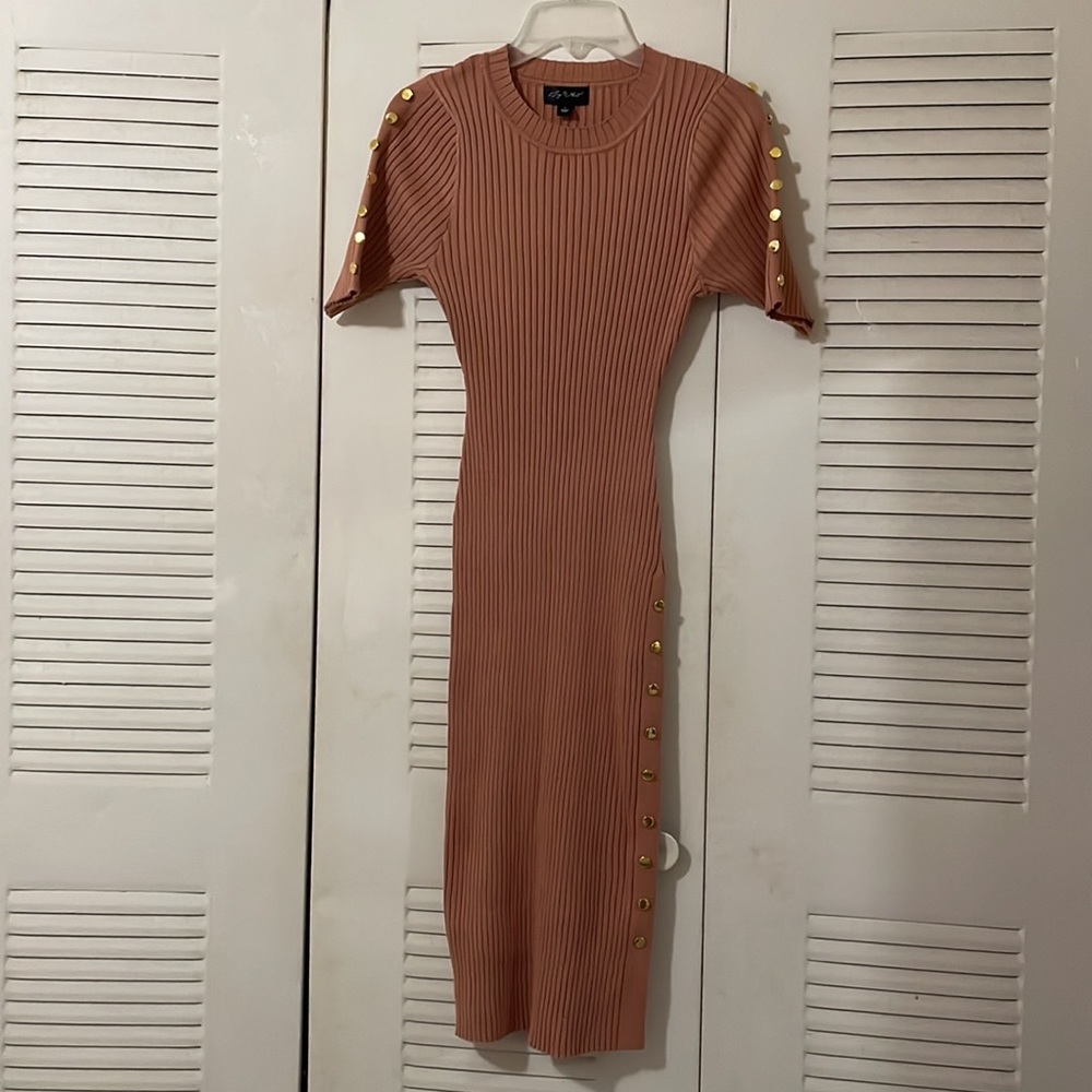 Elbow Sleeve Decorative Buttons Bodycon Dress